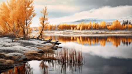 a serene lake in the tundra, surrounded by vibrant teak trees in full autumn splendor. the calm water reflects the vibrant colors, creating a tranquil scene that evokes a sense of serenity and appreciation for the beauty of nature during the fall season. shot during golden hour, the soft, warm light illuminates the tundra. ai generatedの素材
