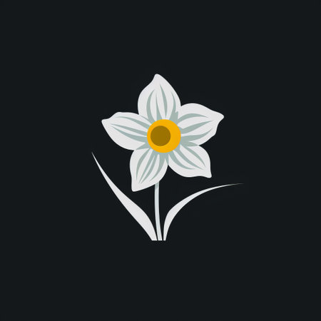 daffodil flower on a black background, depicted in simplistic vector art style. the dark, white, and light gray colors create a whimsical yet eerie atmosphere. the flower is surrounded by inlay and simple, colorful illustrations, showcasing the minimalist graphic designer's personal iconography. ai generatedの素材