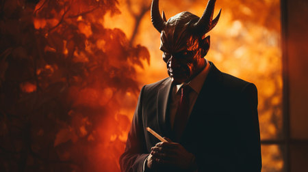 a man with horns and dressed in black pants is smoking a cigarette in a dark gold and red setting. this high-definition image captures the essence of cryptid academia, superheroes, pastoral scenes, solarizing master techniques, and ritualistic masks. ai generatedの素材