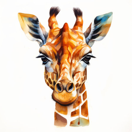 an illustration of a watercolor giraffe painted in a realistic style, resembling emotive portraits. the artwork showcases a strong facial expression, with orange and bronze hues. created using a paint dripping technique, this geometric piece draws inspiration from the works of joram roukes. ai generatedの素材