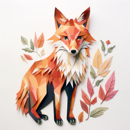 a paper cut fox is depicted on a white background, surrounded by trees. the artwork showcases meticulous photorealistic still life techniques, incorporating geometric shapes and patterns. the hyper-realistic animal illustration is enhanced by a warm color palette. the image also features animated gifs, faceted shapes, and nature-inspired camouflage elements. ai generatedの素材