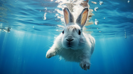 white rabbit swimming underwater in a playful and fun marine biology-inspired swimming pool. this caninecore image captures the essence of nature-inspired imagery with its iso 200 setting. a captivating and unique moment captured by the associated press, showcasing the whimsical beauty of this underwater scene. ai generatedの素材