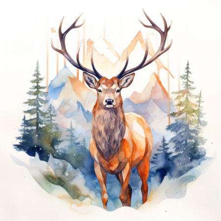 a watercolor art piece featuring a majestic composition of a deer and trees. this adventure-themed artwork showcases mountainous vistas with a captivating blend of dark orange and light azure hues. the artist skillfully captures the essence of characterized animals, portraying a transcendent atmosphere. the deer's strong facial expression adds depth and emotion to the overall composition. ai generatedの素材