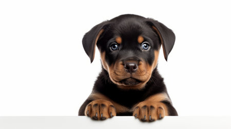 rotweiler puppy gazing at a plaque, showcasing innovative page design and critiquing consumer culture. the photo features a white background, with a striking combination of light orange and dark black colors. the image is captivating and presented in ultra hd quality. ai generatedの素材