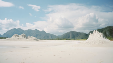 rocky beach in nakhon ngai, featuring minimalist surrealism and rural china vibes. captured with a contax g1 camera, this photo showcases mountainous vistas in a palette of white and aquamarine. the zeiss batis 18mm f2.8 lens was used to create realistic and hyper-detailed renderings. ai generatedの素材