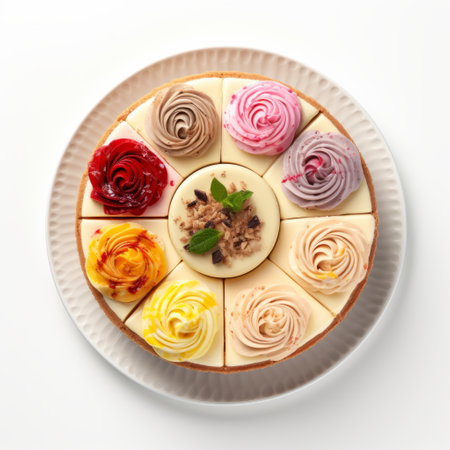 a white plate holds a beautifully crafted, round cheesecake adorned with an array of colorful frostings. the dessert is placed on a table, reminiscent of vibrant woodcarvings. this visually appealing image, captured with a rollei prego 90 camera, showcases symmetrical arrangements and has been digitally enhanced. the composition exudes a touch of hallyu influence, with its colorful and artistic arrangements. ai generatedの素材