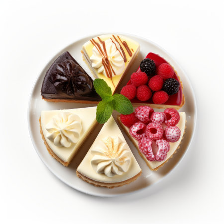 a plate of delicious cheesecake, captured in stunning 4k, 8k, and uhd resolution, awaits cupcake lovers in this hyper-detailed top view photo. with its white background, this image is ideal for professional advertising posts and food photography. ai generatedの素材