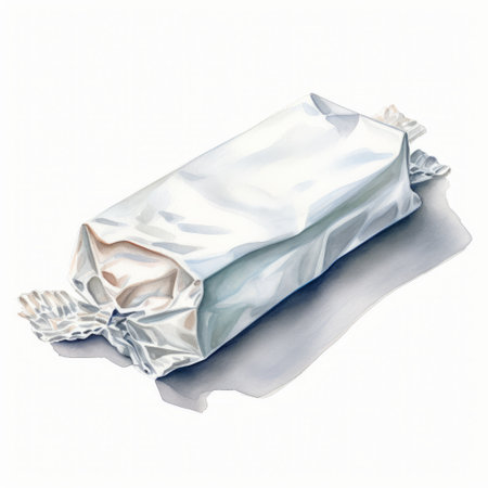 a white bag of cookie dough is placed on a white surface, resembling watercolor illustrations. the composition is reminiscent of the artistic style of carel willink, featuring rectangular fields made of aluminum. the bag is meticulously shaded, showcasing intricate details. it is neatly wrapped and elongated in shape. ai generatedの素材