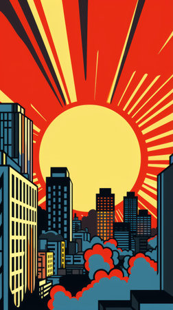 a retro cartoon illustration featuring sun rays and a building, presented in the style of martin ansin. this stock vector showcases elements of pop art silkscreening, citypunk, and aaron douglas' artistic influence. the image is available under a creative commons attribution license and showcases woodcut-inspired graphics. enjoy this high-definition image. ai generatedの素材