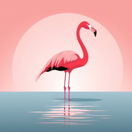a vector illustration of a pink flamingo gracefully walking in the water. the design features a bold and colorful graphic style with shades of light sky-blue and dark crimson. the vibrant image showcases luminous shadowing and is inspired by graphic design, incorporating light red, light black, light orange, and light crimson hues. ai generatedの素材