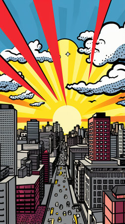pop art illustration of a vibrant skyline featuring a windmill and skyscrapers, created in a bold and cartoonish style. the artwork captures the essence of a sunlit cityscape with rays shining upon it, while also incorporating elements like a birds-eye-view perspective and inspiration from beijing east village and nyc explosion coverage. this unique piece draws influence from various art forms, including lithographs, woodblock prints, andの素材
