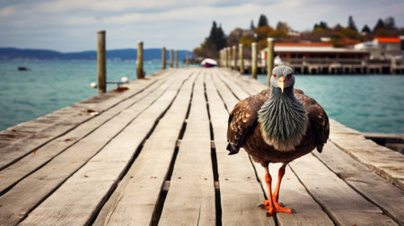 a gull gracefully strolls along a dock, with a serene water backdrop, reminiscent of matthias haker's style. the attention to detail in the fur and feathers texture is remarkable. the image showcases native australian motifs, with a touch of dark green and orange hues. this captivating photo captures the essence of seaside vistas, presented in a striking frontal perspective. ai generatedの素材