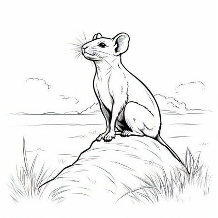 a mouse perches on a rock, framed by a bush in the background. this simple line drawing captures the essence of the scene, with realistic depiction of light. the artwork draws inspiration from the kushan empire and fauvism, showcasing vibrant colors and bold brushstrokes. the mouse's shiny eyes add a touch of intrigue, reminiscent of jessie arms botke's style. this artwork embodies elements of caninecore,の素材