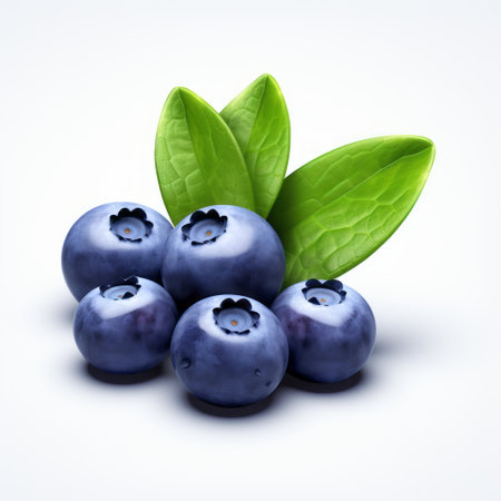 blueberries on a white background, depicted in the style of mike campau, showcase simplistic vector art with layered imagery and subtle irony. the composition draws inspiration from vincent callebaut and basil gogos, incorporating naturalistic light and shadow. this visually appealing photograph can be found on flickr. ai generatedの素材