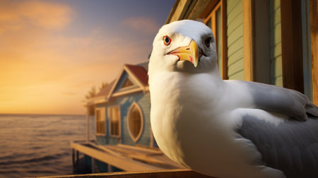 a seagull gazes at a boat sailing across the vast expanse of the ocean. this rendered image, created in cinema4d, captures the scene with a caricature-like touch, blending realism with urban elements. the photo showcases a cabincore aesthetic, reminiscent of national geographic's captivating imagery. the close-up perspective and the inclusion of windows vista add a unique twist to this captivating composition. ai generatedの素材