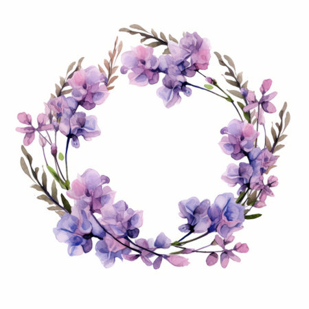 purple flowers in a wreath on a white background, featuring dreamy watercolor scenes in the style of light pink and light azure. the wreath showcases a collection of organic materials, with exquisite brushwork in shades of light purple and dark amber. the overall composition is enhanced by the delicate combination of light pink and light indigo hues. ai generatedの素材