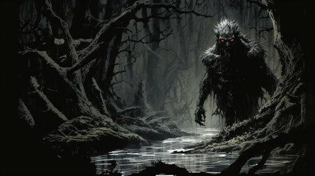 a creature stands in a lake amidst a wooded area, portrayed in the style of dark gray and dark brown necronomicon illustrations. the image is in dd (ultra hd) quality, showcasing rough clusters and blink-and-you-miss-it detail. the overall aesthetic is dark and intricate. ai generatedの素材
