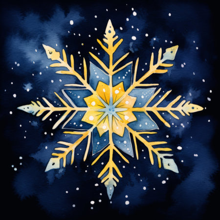a vector christmas snowflake is showcased in this photo, set against a dark blue background. the snowflake is designed in the style of realistic watercolor paintings, featuring shades of dark yellow and dark aquamarine. the intricate details of the snowflake resemble sculptural paper constructions. this fantasy illustration by jon j muth is a stunning example of outdoor art, with a dark sky-blue and gold colorの素材