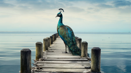 a bird perched on a pier, surrounded by surrealistic elements and vibrant birdlife. the scene is adorned with shades of dark turquoise and dark emerald, reminiscent of the artistic styles of polixeni papapetrou, gond art, and tomasz alen kopera. the image captures the essence of realistic animal portraits. ai generatedの素材