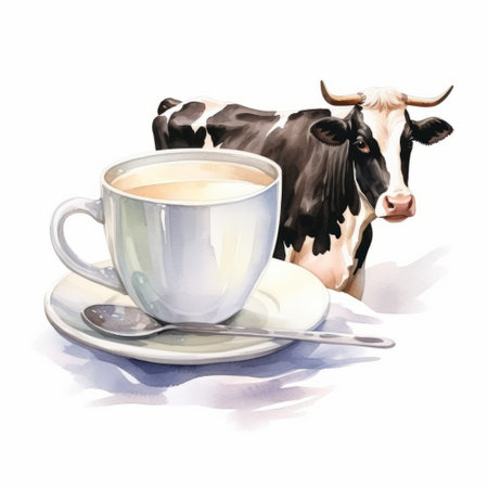 a cow and a black and white cup are depicted on a white watercolor background. the artwork showcases a realistic usage of light and color, with a focus on light navy and brown tones. the editorial illustrations by david brayne feature detailed character design and realistic color schemes, created using the caffenol developing technique. ai generatedの素材