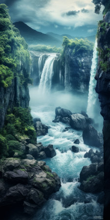 a stunning national geographic photo captured by jessica rossier showcases an epic fantasy scene featuring a majestic waterfall surrounded by lush green grass and a solitary tree, all set against a towering mountain. the dark turquoise and dark white hues add a touch of mystery and enchantment to this high-quality image by matti suuronen. ai generatedの素材