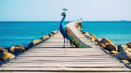 a peacock stands gracefully on a sidewalk by the ocean, showcasing its vibrant feathers in a display of romantic emotivity. the bold chromaticity of its light brown and turquoise plumage contrasts beautifully against the spectacular backdrops of the sea. this wildlife photography captures the balance and harmony of nature, highlighting the majestic ports of this magnificent bird. ai generatedの素材