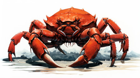 a vibrant illustration of a crab sitting on the ground near a large sandy area. this artwork, inspired by the style of mike mayhew, showcases detailed miniatures in orange and crimson hues. the 2d game art highlights the raw character and places emphasis on character design. ai generatedの素材