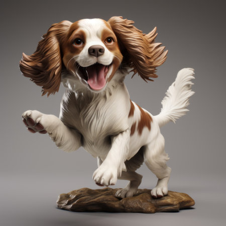 a lifelike 3d image of a happy cocker spaniel, a small, energetic breed, leaping in mid-air with its tongue out and tail wagging. the owners, kneeling on a sandy beach, throw a frisbee for the dog to catch. the dog effortlessly catches the frisbee with a playful expression, while the owners smile and laugh, radiating joy and love. the scene is set against a picturesqueの素材