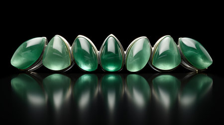 a stunning green jade diamond necklace is showcased in this tabletop photograph. the rounded shapes of the necklace are captured beautifully, with chrome reflections adding a touch of elegance. shot with fujifilm pro 800z film, the image boasts high quality and clarity. the use of focus stacking ensures every intricate detail, including the distinctive noses of the diamonds, is highlighted. ai generatedの素材