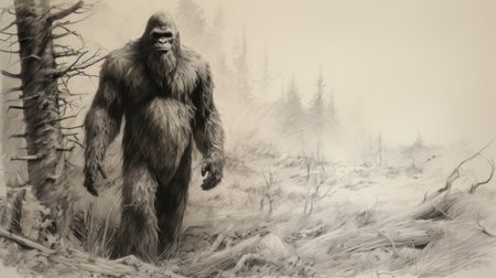 a captivating image of bigfoot, captured by jenny dzuliak, showcases a giant ape in a stunning charcoal drawing style. this wallpaper image evokes the essence of frostpunk and bay area figurative art, while also drawing inspiration from 19th-century american paintings and works on paper. the image features spiky mounds and exudes a sense of classical figurative realism. ai generatedの素材