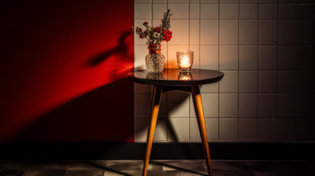 candles on a side table in a room with red brick tile, reminiscent of nicolaes maes' style. the intense lighting and shadow, captured with a nikon d850, create a captivating mid-century ambiance. jesper ejsing's expertise in floral still lifes is evident in this composition, where the warm hues of light amber and red add an enchanting touch. ai generatedの素材