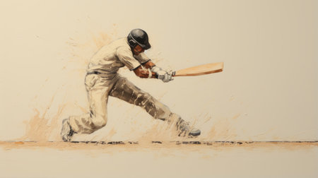 bbc cricket player striking the ball on a grey background, resembling an oil painting with beige tones. the detailed background elements add depth to the matte photo, capturing the dynamic action of the player. this contemporary indian art piece showcases a realistic portrayal of the sport. ai generatedの素材