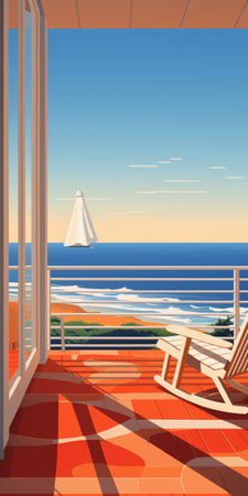 a rocking chair hangs on a porch, while a person stands nearby, in a style reminiscent of majestic sweeping seascapes. this mid-century illustration captures the essence of panorama and streamline elegance. the scene evokes a sense of tranquility and invites thoughts of travel and exploration. it could easily be featured as a captivating poster or a picturesque windows vista. ai generatedの素材