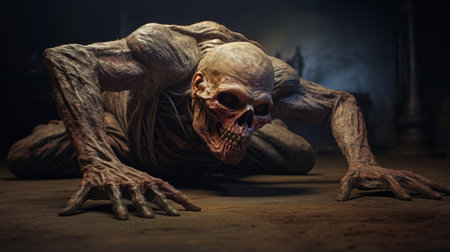 a skeleton perched on an object in a dimly lit, dusty room. this hyper-detailed rendering captures the essence of zombiecore, with its dynamic and action-packed scene. reminiscent of a national geographic photo, it brings to life supernatural creatures in the style of mars ravelo. the creased, crinkled, and wrinkled atmosphere adds to the eerie ambiance. ai generatedの素材