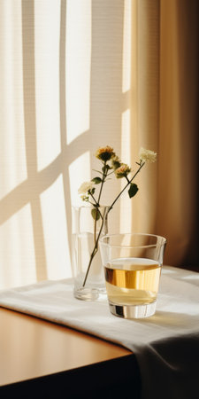 a glass sits on a velvet table next to a window, showcasing a minimalistic japanese style. the black and beige color scheme creates a whimsical ambiance. this minimalist still life captures a sparse and simple yet subtly folk-inspired aesthetic. the photograph, taken by an interior design photographer using a canon eos r5, exhibits a lot of detail in the objects. with its film grain andの素材