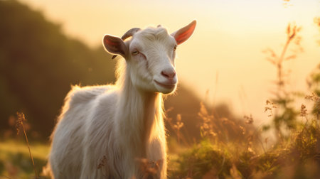a white goat stands gracefully amidst tall grass, illuminated by a golden light. the image captures the lively facial expressions of the goat, reminiscent of the artistic style of joel robison and lois van baarle. this uhd image, found on flickr, showcases the exquisite details of the goat's features, reminiscent of the works of charles spencelayh. ai generatedの素材