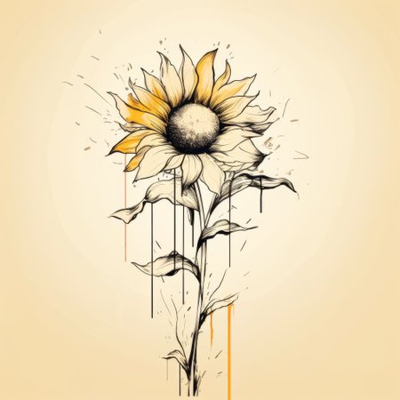 an ornamental sunflower with black ink, featuring drips and splatters, showcases a realistic depiction of light. this romantic graffiti piece juxtaposes hard and soft lines, resulting in an emotional expression. the golden light and contoured shading add depth and dimension to the artwork. ai generatedの素材