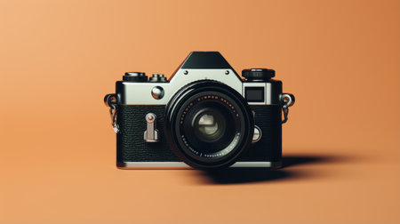vintage camera wallpaper featuring a light silver and orange color scheme. the image showcases minimal retouching and utilizes vray tracing for a realistic effect. perfect for social media portraiture or as a hyper-realistic oil painting on a website. this vintage camera wallpaper is inspired by the iconic konica auto s3. ai generatedの素材