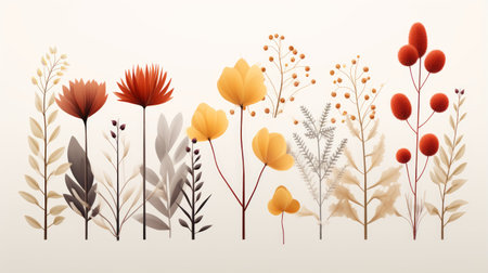 autumn foliage and yellow plants with leaves create a realistic and vibrant scene. the colors range from light orange to light gray, complementing the delicate flowers. the minimalist images showcase deconstructed objects, reminiscent of historical illustrations. the digital gradient blends add depth and visual interest to the overall composition. ai generatedの素材