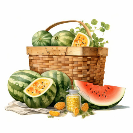 a fresh fruit basket featuring watermelon, oranges, melon, and mint is depicted in this hyperrealistic illustration. inspired by the detailed botanic studies of guido borelli da caluso and tivadar csontvry kosztka's watercolor illustrations, this artwork showcases intricate character illustrations. ai generatedの素材