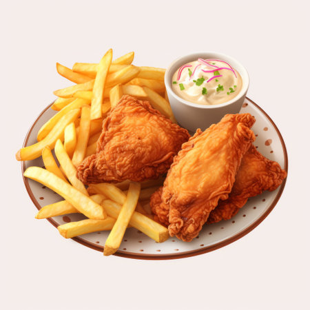 chicken fingers and french fries are beautifully presented in this birds-eye-view photo. the ambient occlusion style adds depth and dimension to the image, with soft, blended colors in light beige and pink. the traditional color scheme enhances the appetizing appeal of the dish, while the bbq sauce adds a flavorful touch. ai generatedの素材