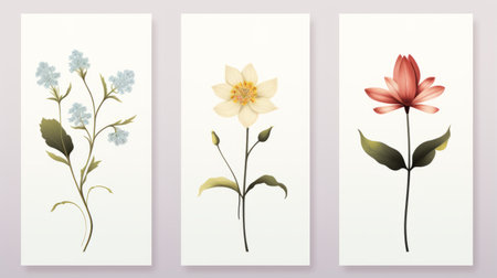 three horizontal banners featuring flowers are showcased in this photo. one banner is set against a white background, while the other is set against a pink background. the banners are designed in the style of francois schuiten, known for his narrative-driven visual storytelling. the designs are clean and simple, drawing inspiration from indonesian art by tran nguyen and the beauty of norwegian nature by sebastianの素材