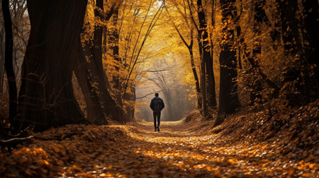 young man walking on a forest path during autumn, basking in the warm glow of the sunrise. the photo captures the essence of janek sedlar's style, with vibrant hues of dark yellow and gold. shot with a carl zeiss distagon t 15mm f2.8 ze lens, the image showcases the beauty of nature through the lens of caras ionut and steve. the resolution is 3840x2160, takenの素材