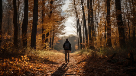 a person walks through the woods at sunset, captured in the style of nikon d850. this photo showcases the influence of alois arnegger, joachim patinir, and alex colville, known for their photo-realistic landscapes. the serene atmosphere and vibrant colors create a captivating scene that immerses viewers in the beauty of nature. ai generatedの素材