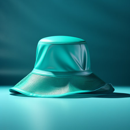 a green mesh hat is showcased in this 3d model against a vibrant blue background. the hat is designed in a futuristic style, featuring light silver and light aquamarine elements. the image captures a hyper-realistic water effect, with a rim light adding depth and dimension. the composition evokes a sense of futuristic cyberpunk aesthetics, while the dramatic lighting creates a realistic still life. ai generatedの素材