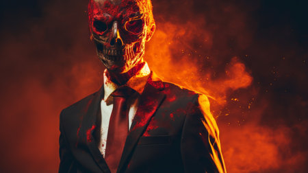 a zombie man in a suit, holding a gun, is depicted in this burned and charred style image. with an 8k resolution, it is perfect for social media portraiture. the red and amber tones, along with skull motifs, add a unique touch. the pseudo-infrared effect enhances the overall atmosphere, while the relatable personality of the subject adds depth to the image. ai generatedの素材