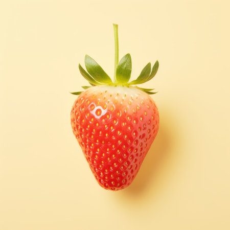 strawberry with stem on yellow background, photorealistic eye style, subtle humor, japanese photography, emotive faces, eco-friendly craftsmanship. iso 200. berrypunk. ai generatedの素材