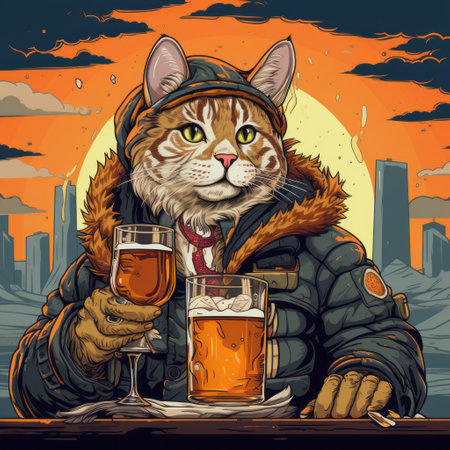 two cats, one wearing a coat, sit together and enjoy a beer in a post-apocalyptic landscape. the pop art color scheme of dark orange and light gray adds a vibrant touch to the city portraits. the luminescent color scheme enhances the highly detailed and handsome cityscapes. ai generatedの素材