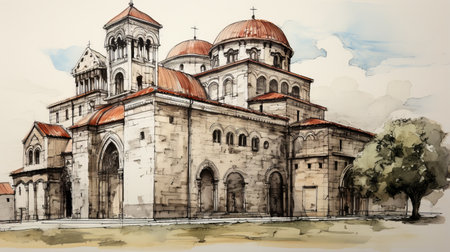 the photo showcases a sketch of the helena church in ostrava, featuring a building with a striking reddome. created in the style of brian kesinger, this watercolor piece combines contemporary middle eastern and north african art influences with elements of marble, romanesque architecture, and byzantine iconography. the sketch exhibits hyper-realistic details and a subtle use of shading. ai generatedの素材