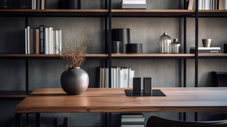 a desk with black bookshelves filled with books, showcasing a zen minimalism style. the realistic and naturalistic textures of the dark bronze and gray elements create an elegant atmosphere. the extravagant table settings and earth tone color palette add to the overall aesthetic. captured with a zeiss milvus 25mm f/1.4 ze lens, this photo exudes sophistication. ai generatedの素材